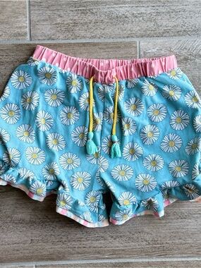 Matilda Jane Daisy Print Blue Shorts with Pink Waistband and Trim